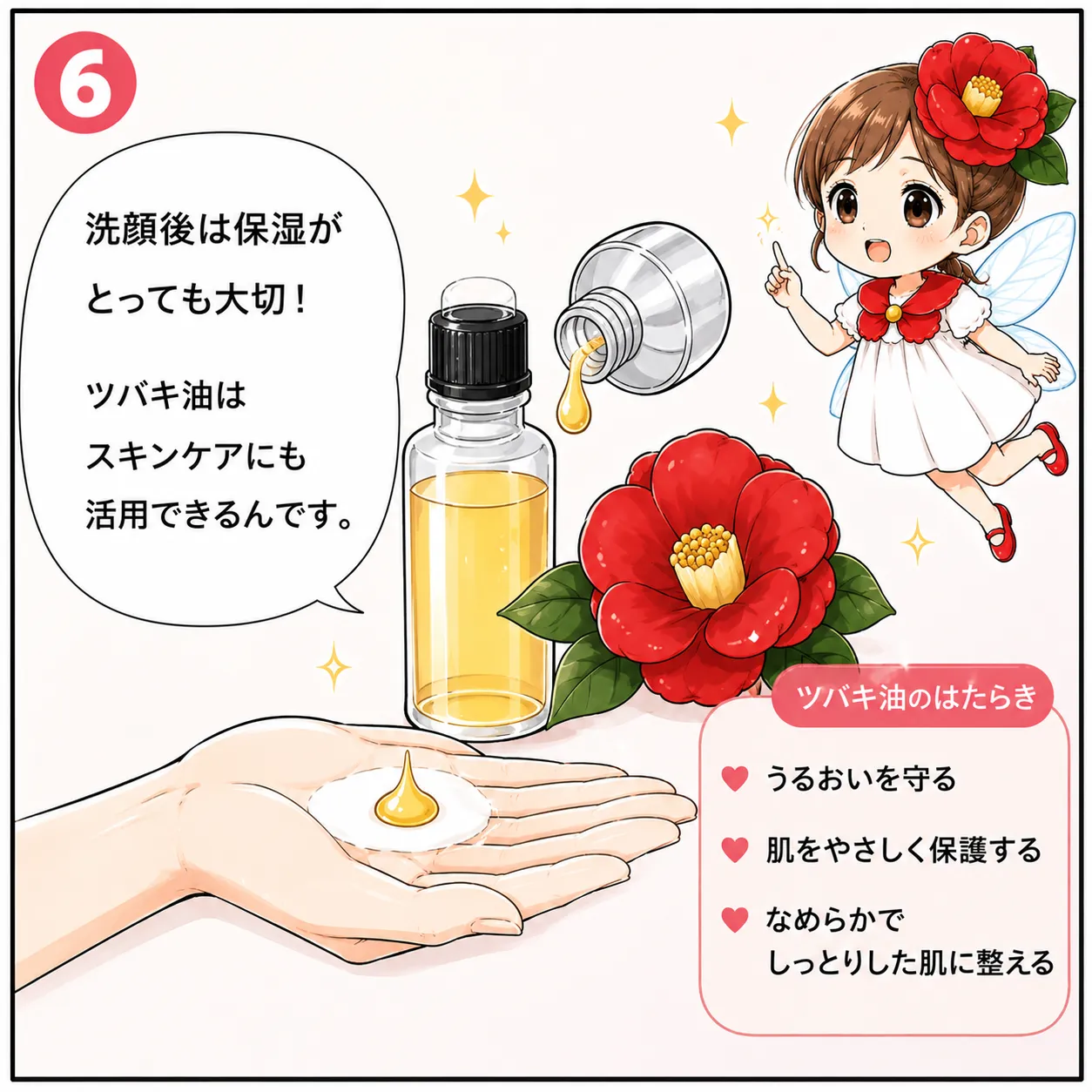 ツバキ油で始める、うるおいフェイシャルケア 6コマ目