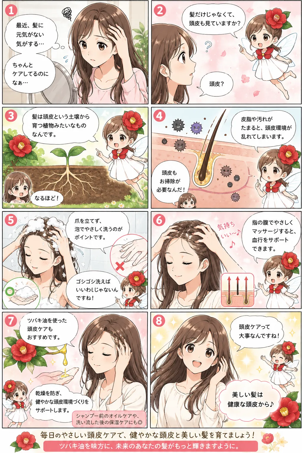 美しい髪は頭皮から！ツバキ油で始める頭皮ケア - 頭皮環境の整え方と、椿油（ツバキオイル）を使ったやさしい頭皮ケアを解説した漫画