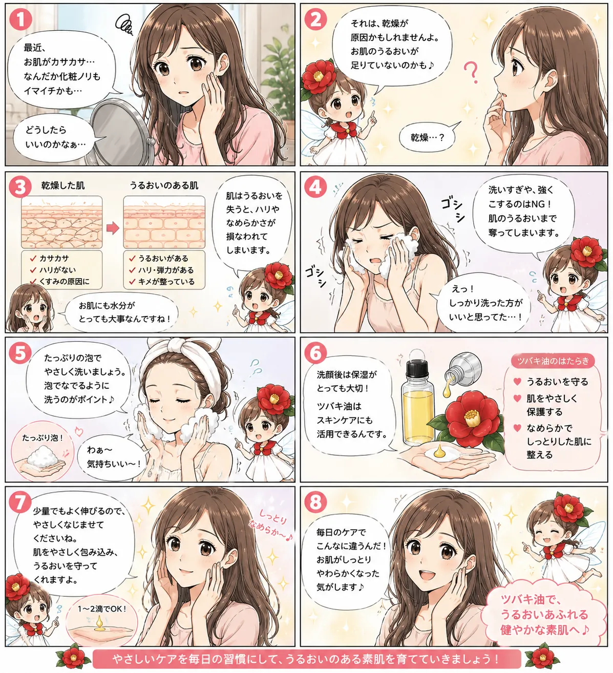 ツバキ油で始める、うるおいフェイシャルケア - 肌の乾燥とうるおいの大切さ、椿油（ツバキオイル）を使ったやさしいスキンケアを解説した漫画
