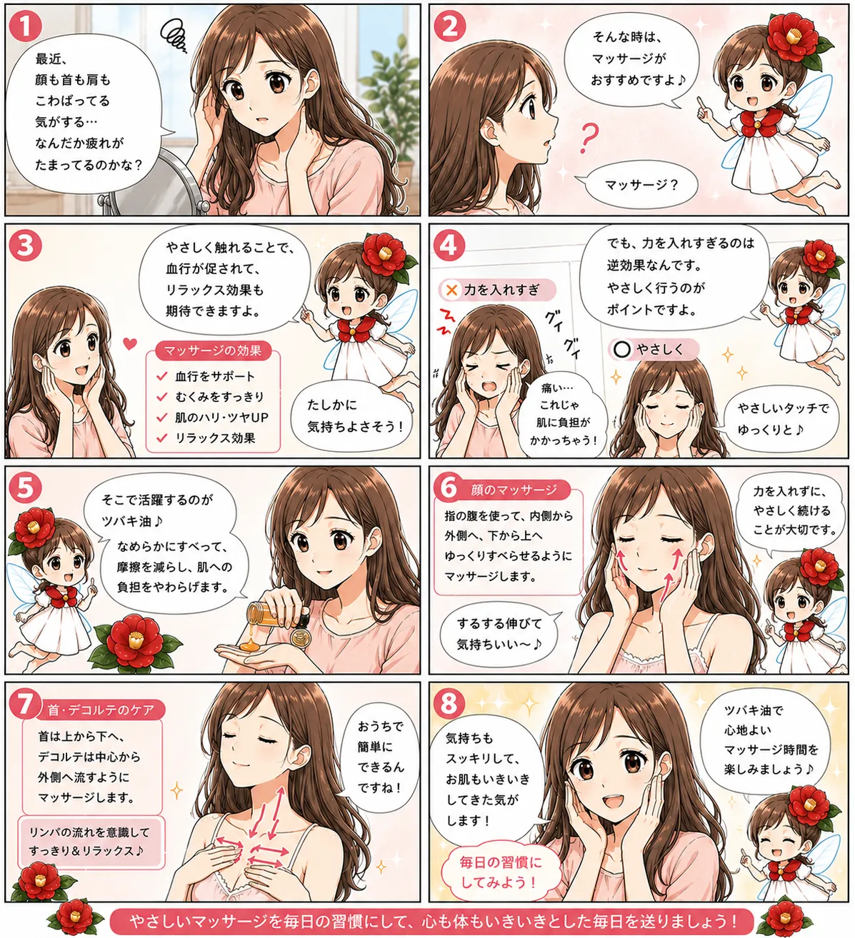 ツバキ油でリラックス♪ やさしいマッサージ習慣 - 椿油（ツバキオイル）を使った顔・首・デコルテのやさしいセルフマッサージを解説した漫画